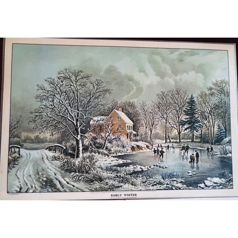 Currier & Ives Placemats Laminated Set of 4 Americana Christmas Farmhouse Rustic - Picture 2 of 9